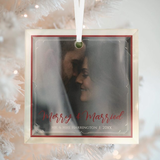 Elegant First Christmas Merry and Married Photo Glass Ornament (Creator Uploaded)