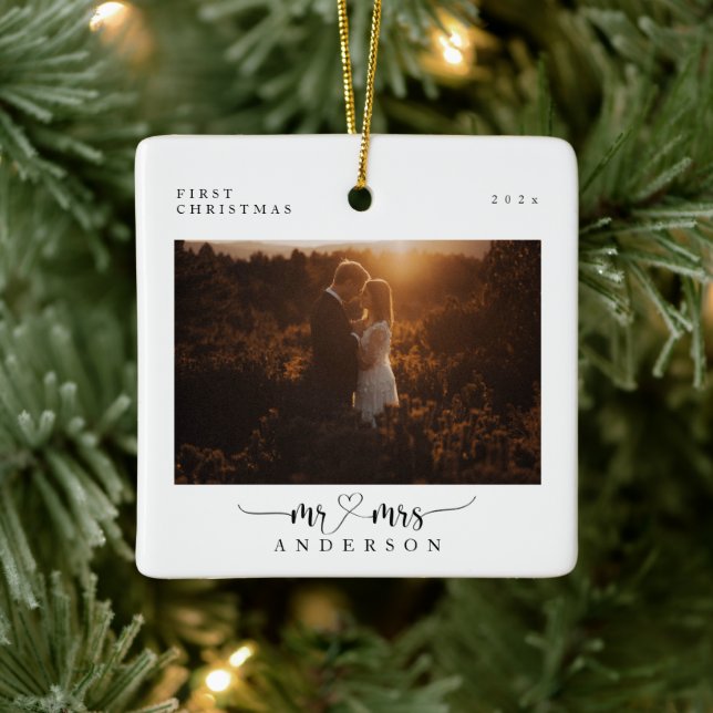 Elegant First Christmas Script Mr and Mrs Photo Ceramic Ornament (Tree)