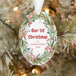 Elegant First Christmas Watercolor Wreath  Ornament