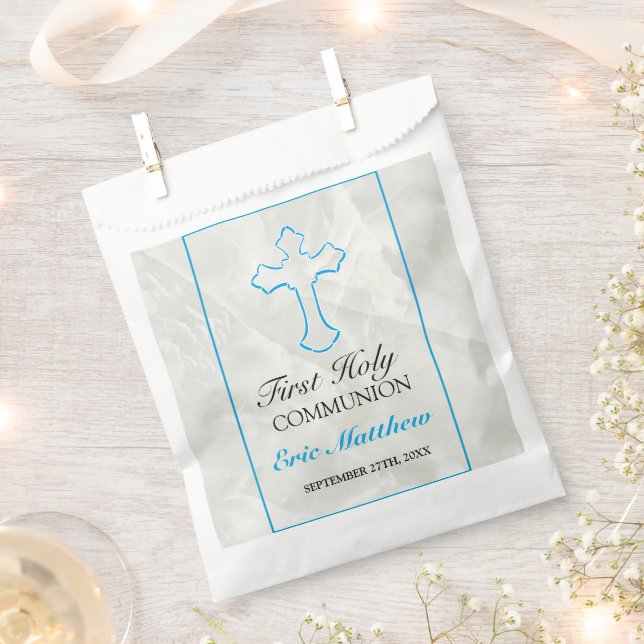 Elegant First Communion Blue Cross with Marble Favour Bag (Clipped)