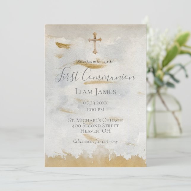 Elegant First Communion Gold Vintage Religious Invitation (Standing Front)