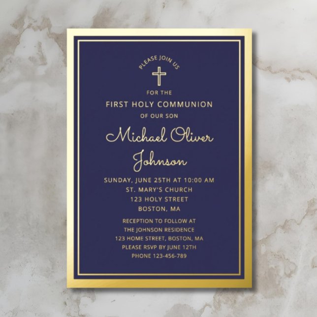 Elegant First Communion Navy Blue Boy Gold (Elegant First Communion Navy Blue Boy Gold Foil Invitation)