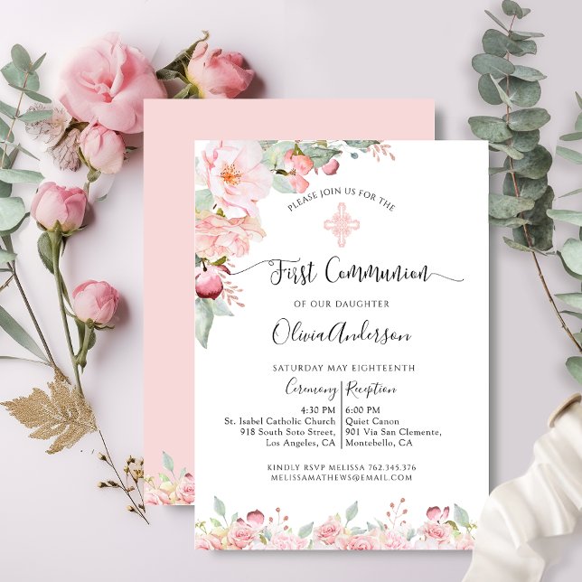 Elegant First Communion Pink and Mint Floral Invitation (Creator Uploaded)