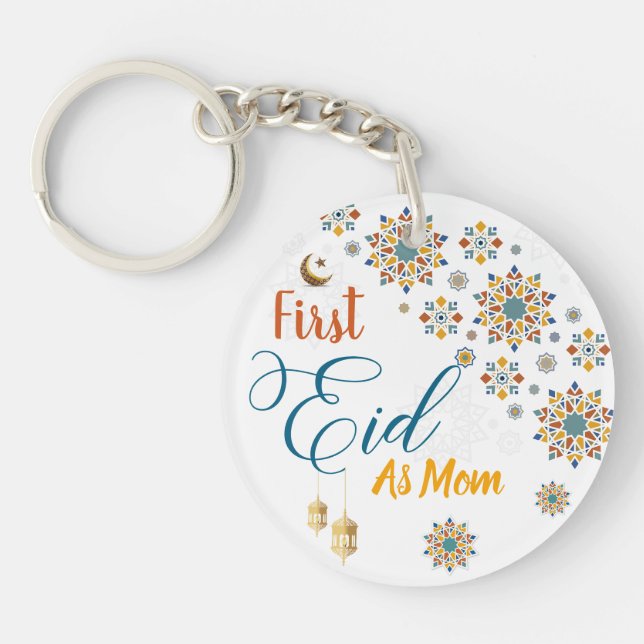 Elegant First Eid Mubarak Mom Calligraphy Moon  Keychain (Front)