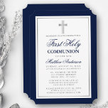Elegant First Holy Communion Blue and Silver Invitation<br><div class="desc">Elegant Blue and Silver First Holy Communion Invitation with Cross. Ticket Style.</div>