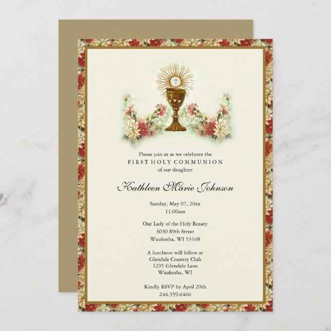 Elegant First Holy Communion Floral  Invitation (Front/Back)