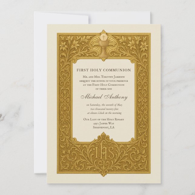 Elegant First Holy Communion Gold Chalice  Invitation (Back)