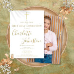 Elegant First Holy Communion Gold Signature Photo Save The Date<br><div class="desc">Elegant First Holy Communion gold signature save the date invitation featuring an elegant golden script signature name and special photo on the reverse. Personalize with your special event information in chic gold lettering on this gender-neutral design. Designed by Thisisnotme©</div>