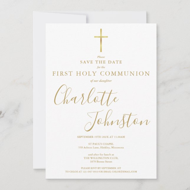 Elegant First Holy Communion Gold Signature Save The Date (Front)