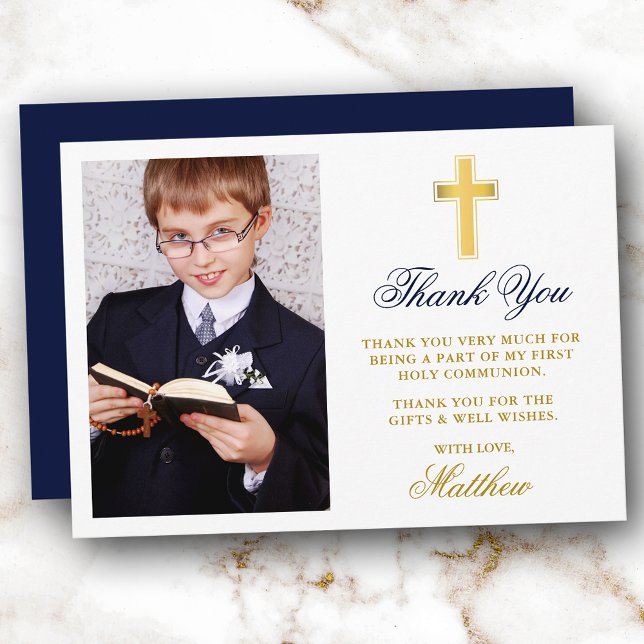 Elegant First Holy Communion Photo Gold Blue Thank You Card (Customize to change text size, color, style or to change color of back of card.)