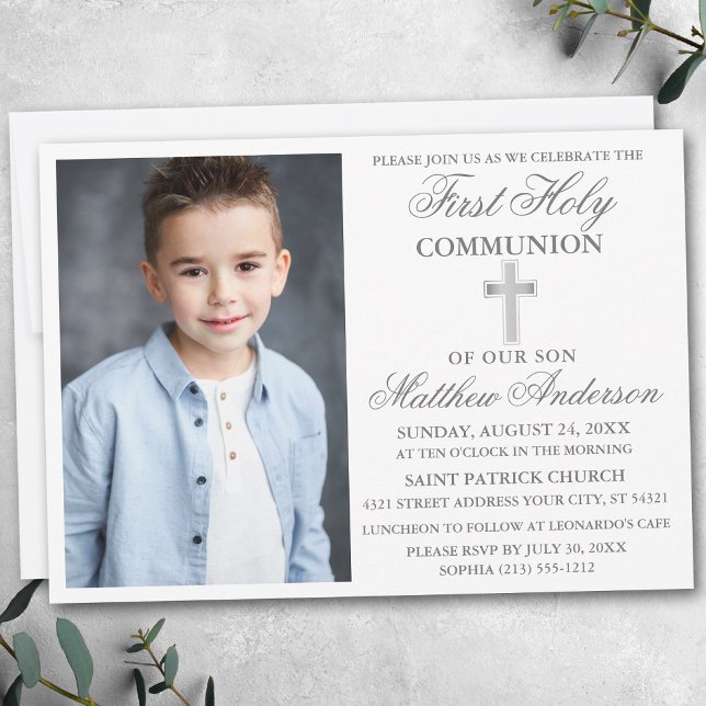 Elegant First Holy Communion Photo Silver Invitation (Creator Uploaded)