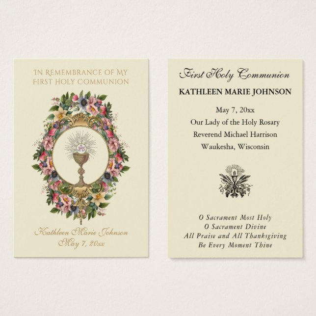 Elegant First Holy Communion Remembrance Card (Front & Back)