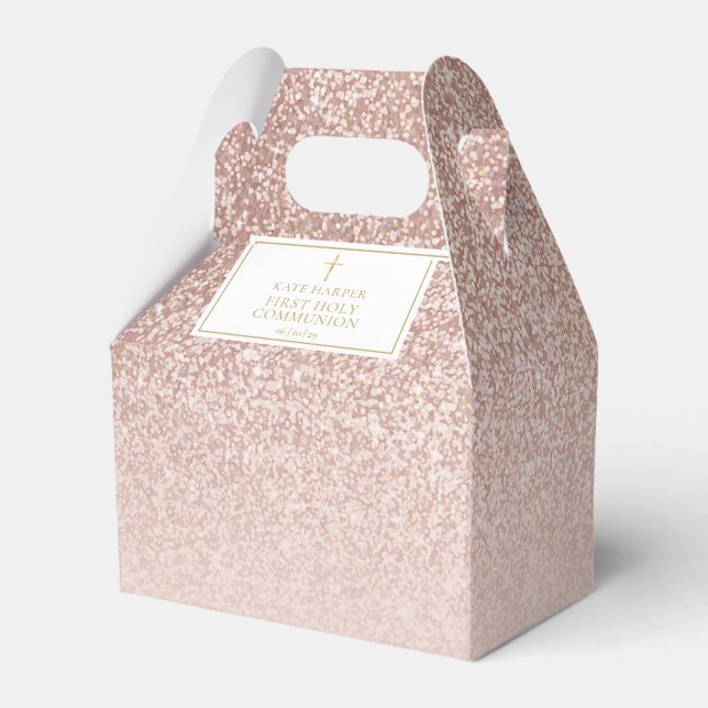 Elegant First Holy Communion Rose Gold Glitter Favor Box (Front Side)