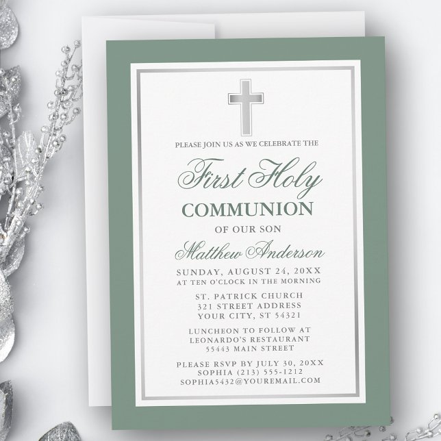 Elegant First Holy Communion Sage Green Silver Invitation (Customize to change text size, color or text style.)