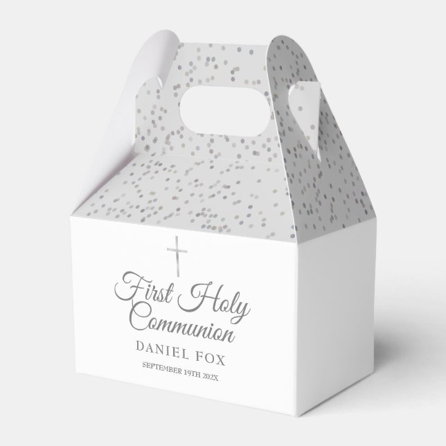 Elegant First Holy Communion Sliver Stardust Favor Box (Front Side)