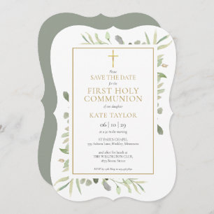 Elegant First Holy Communion Watercolor Greenery Save The Date