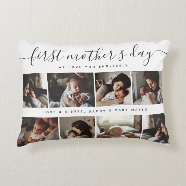 Elegant First Mother's Day Custom Photo Collage Accent Pillow (Front)