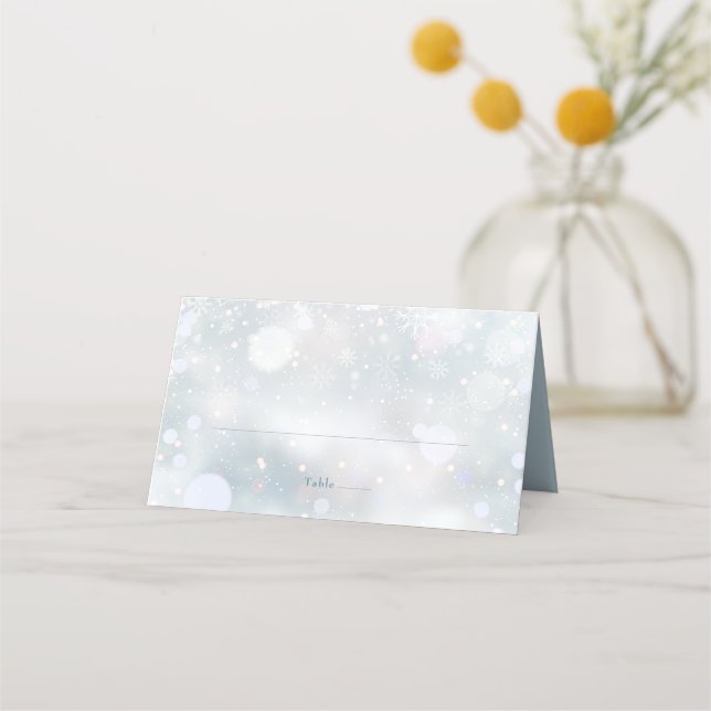 Elegant First Winter Snowflakes Modern Wedding Place Card (Front)