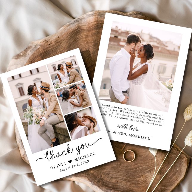 Elegant Five Photo Collage Script Wedding Thank You Card (Creator Uploaded)