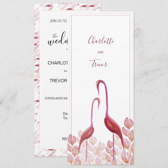 Elégant Flamant rose Aquarelle, Carte Or Et Rose (Devant / Derrière)