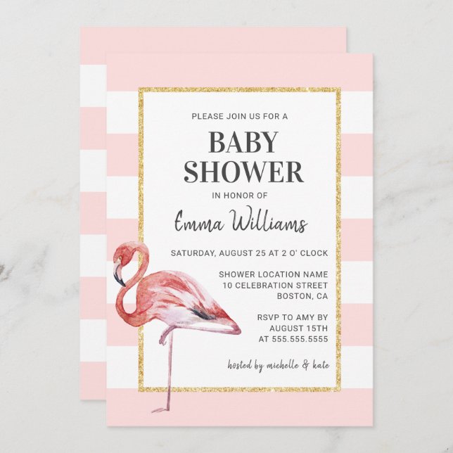 Elégant Flamant rose rose bébé douche Invitations (Devant / Derrière)