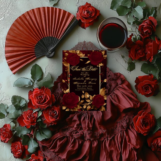 Elegant Flamenco Script Red Rose Save The Date (https://www.zazzle.com/elegant_flamenco_script_red_rose_save_the_date-256177387959209853)