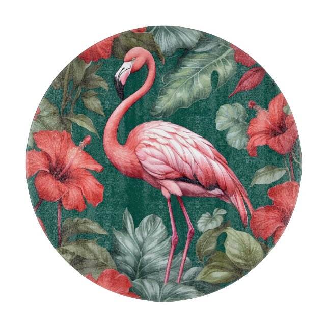 Elegant Flamingo Hibiscus Flowers Emerald Green Cutting Board (Front)