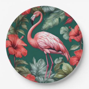 Elegant Flamingo Hibiscus Flowers Emerald Green Paper Plate