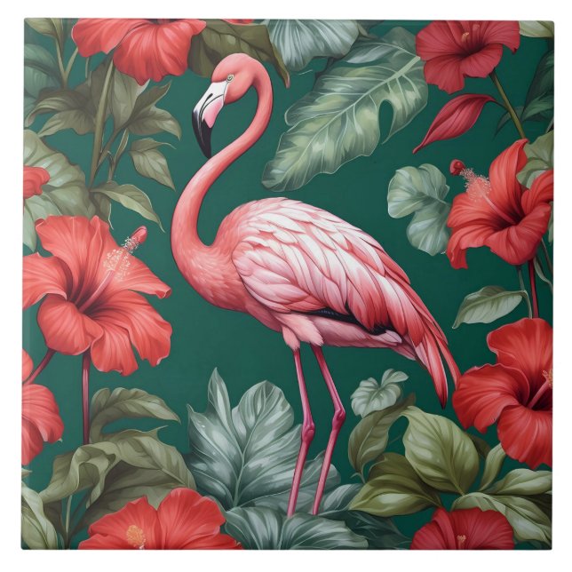 Elegant Flamingo Hibiscus Flowers Emerald Green Tile (Front)