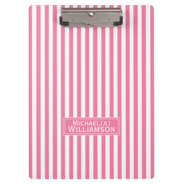 Elegant Flamingo Pink & White Stripes Personalized Clipboard (Front)