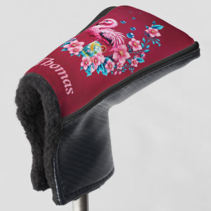Elegant flamingo with tropical flowers. golf head cover