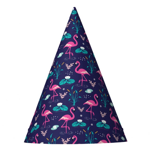 Elegant Flamingos and Lilypads Pattern on Navy Party Hat (Front)