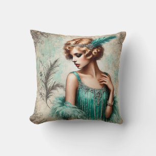 Elegant Flapper Lady in a Turquois Dress, 1920's Throw Pillow