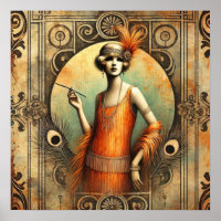 Elegant Flapper Lady in an Orange Dress, Art Deco