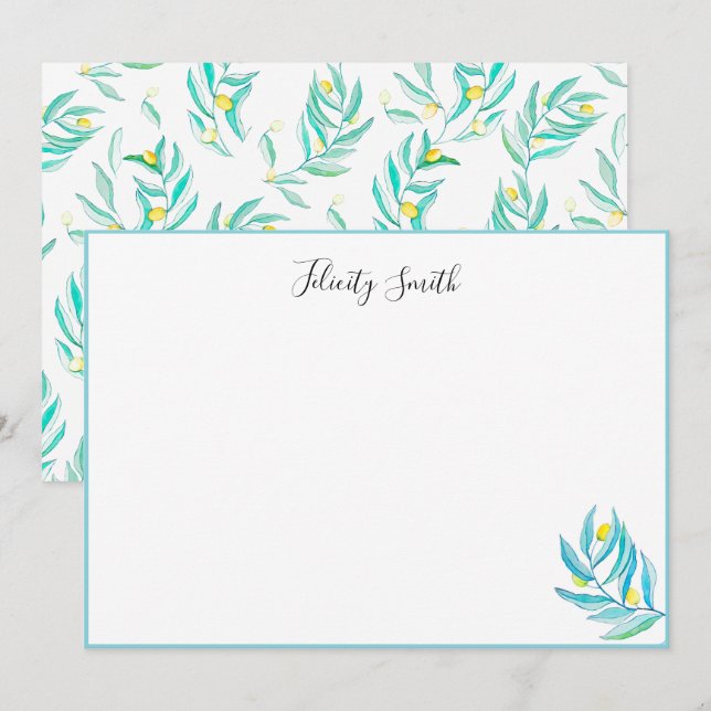 Elegant Flat Modern Botanical Lemon Note Cards  (Front/Back)