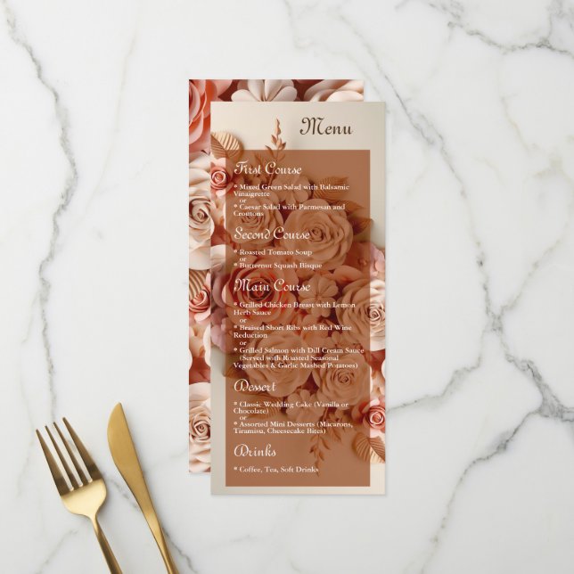 Elegant Flat Wedding Menu with flowers 3D (Front/Back In Situ)