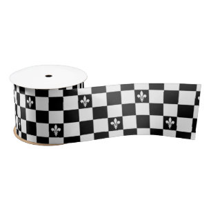 Elegant Fleur de Lis Black and White Chequered Satin Ribbon