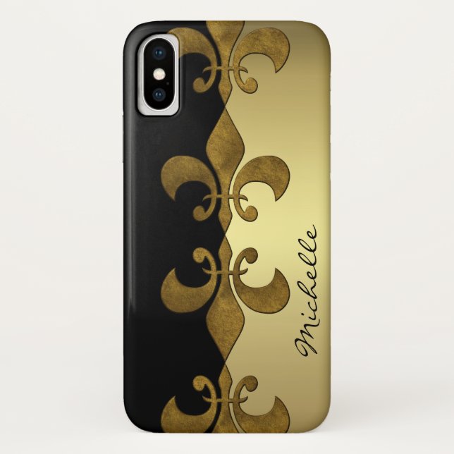 Elegant Fleur-de-lis black golden custom monogram Case-Mate iPhone Case (Back)