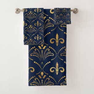 Elegant Fleur-de-lis pattern - Gold and deep blue Bath Towel Set