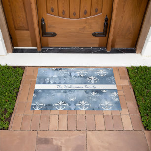 Elegant Fleur-de-Lis - Vintage Blue French  Doormat