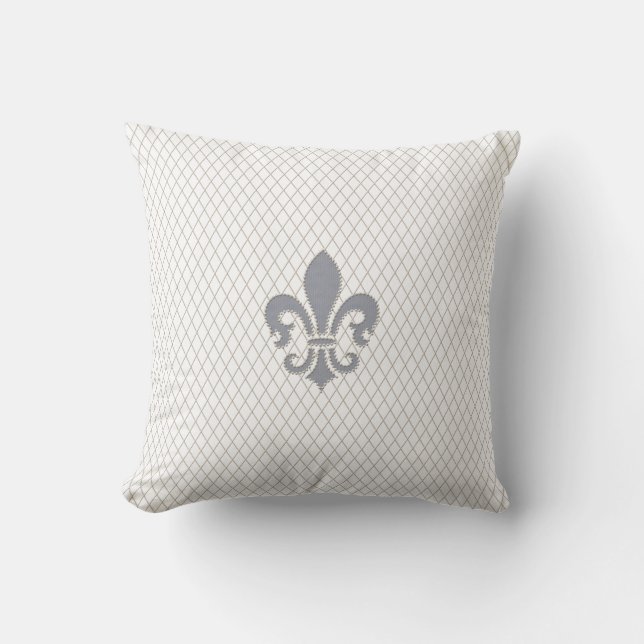 Elegant Fleur de Lys in Grey and White Throw Pillow (Front)