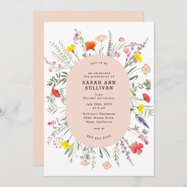 Élégant Fleur sauvage Blush Frame Invitation de di (Devant / Derrière)