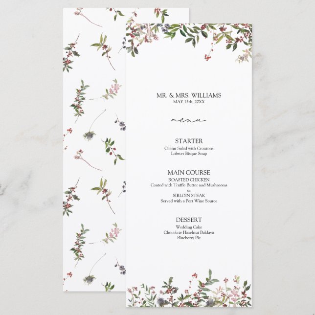 Elégant Fleur sauvage d'hiver Berry Mariage Menu (Devant / Derrière)