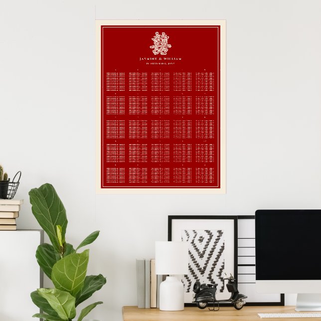Elegant Floral 囍 Red Chinese Wedding Seating Chart (Home Office)