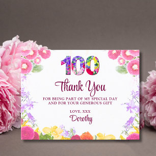Elegant Floral 100th Birthday, 100 Years Thank You Postcard