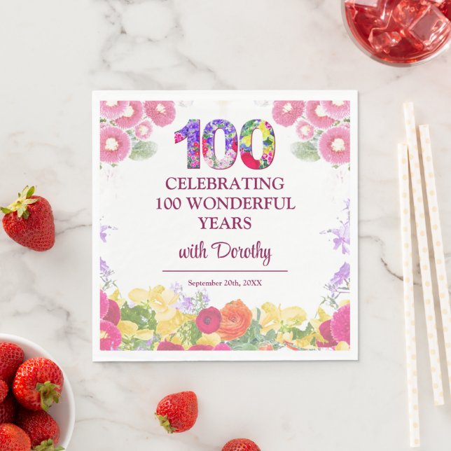 Elegant Floral 100th Birthday Party / 100 Years Napkin (Insitu)
