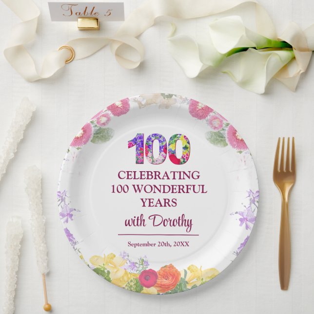 Elegant Floral 100th Birthday Party / 100 Years Paper Plate (Wedding)