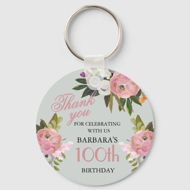 Elegant Floral 100th Birthday Party Favor Keychain (Front)