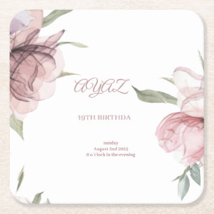Elegant Floral 18th Birthday Invitation Card Square Paper Coaster