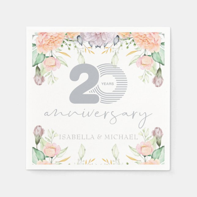 Elegant Floral 20th Wedding Anniversary Napkin (Front)